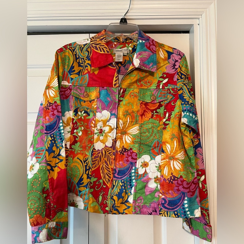 Coldwater Creek Womens Y2K Retro Multi Hibiscus Patchwork Zip Jacket EUC L #2113 - Picture 6 of 11